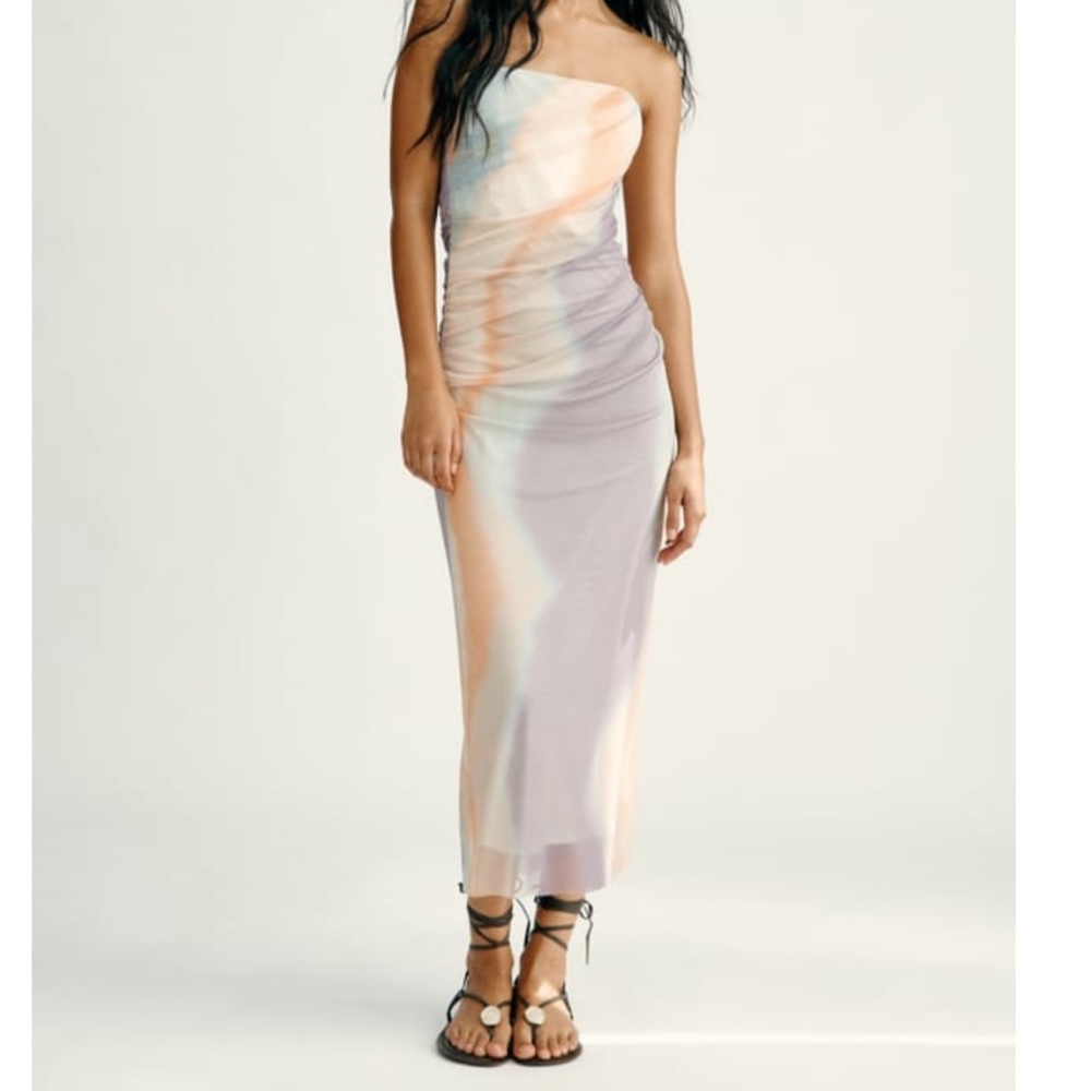 Zara Strapless Printed Tulle Midi Dress
